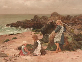 Niños en una playa rocosa (óleo sobre lienzo)