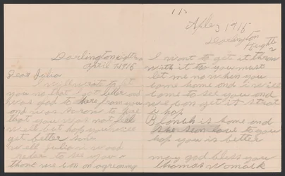 Carta de Thomas Womack a Julia Womack con sobre, 7 de abril de 1915