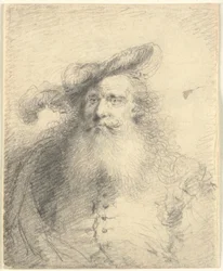 Retrato de cabeza y hombros de un hombre con barba y sombrero con plumas