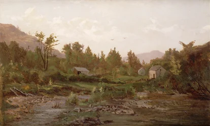 Paisaje con árboles y casas, años 1890