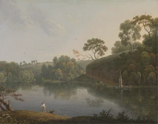 Paisaje con lago y barcos