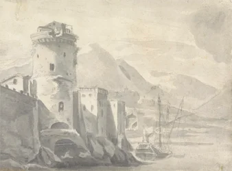 Edificios fortificados que se elevan abruptamente desde la orilla de un río (¿en Italia?) con un barco en el centro y montañas lejanas.