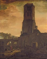 Lavanderas al pie de una torre (óleo sobre tabla)