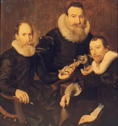 Retrato de grupo de tres caballeros, de tres cuartos, sentados con trajes negros y cuellos de encaje, 1635
