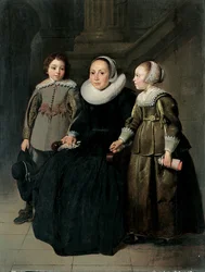 Retrato de una dama de cuerpo entero, sentada, con vestido negro, gorguera y cofia blancas, sosteniendo un pañuelo, con su hijo en jubón gris y su hija en vestido verde, 1635