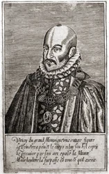 Retrato de Michel de Montaigne (1533-1592), escritor francés. Grabado por Thomas de Leu. (1560-1612).