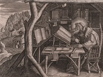 San Evagrio Póntico inmerso en sus estudios, grabado y buril por Thomas de Lieu (1560-1612)