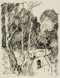 Paisaje arbolado con vagabundo