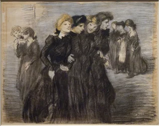 La salida de las midinettes (antes de 1907). Teófilo Alexandre Steinlen (1859-1923). Carboncillo y pastel sobre papel. Musée des Beaux-Arts de la Ville de Paris, PeuPalais.