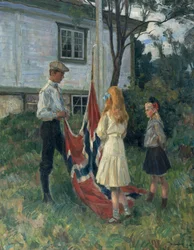 Los niños izan la bandera noruega