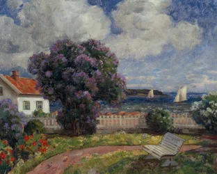 Paisaje costero con arbusto de lilas en flor (óleo sobre lienzo)