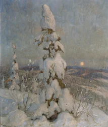 Abeto cubierto de nieve a la luz de la luna (óleo sobre lienzo)