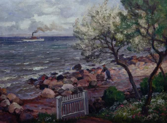 Paisaje de verano con puerta de jardín y mujer (óleo sobre lienzo)