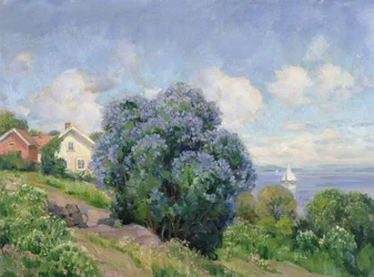 Paisaje de verano con arbusto de lilas, casa y velero (óleo sobre lienzo)