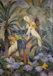 Paisaje tropical con loros (óleo sobre lienzo)