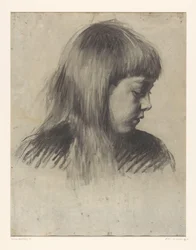 Cabeza de niña, mirando hacia abajo a la derecha