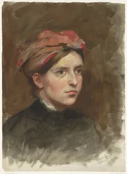 Retrato de una mujer joven con un pañuelo rojo en la cabeza