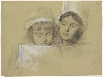 Dos chicas con gorra blanca, leyendo en un libro
