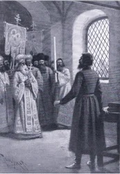 Boris Godunov en retiro en el monasterio suplicado para aceptar su elección como Zar, ilustración de Hitos en la Historia Europea publicada por Gresham Publishing Co, c.1920 (litografía)