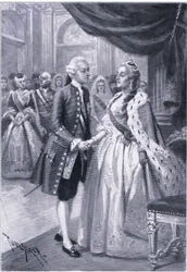 Encuentro de Catalina II de Rusia y José II de Austria, ilustración de Hitos en la Historia Europea publicada por Gresham Publishing Co, c.1920