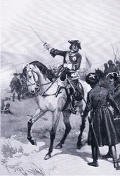 Pedro el Grande en la batalla de Pultowa, ilustración de Hitos en la Historia Europea publicada por Gresham Publishing Co, c.1920 (litografía)