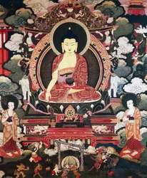 Buda sentado entre sus dos grandes discípulos Cariputra y Maudgalyayana, escenas de la vida de Buda Sakyamuni, civilización tibetana
