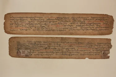 Milarepa construyendo torres para Marpa, c.1400-99 (manuscrito iluminado)