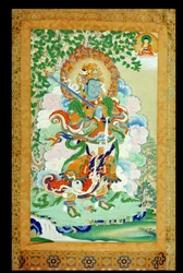 Pintura Thangka que representa a Virudhaka (Pag che po) Guardián del Sur, tibetana, siglo XIX