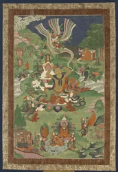 Thangka con escenas de la vida del Buda, segunda mitad del siglo XIX