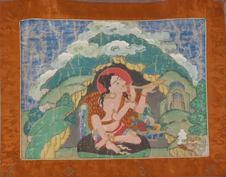 Mahasiddha Krishnacharya, de un conjunto parcial de thangkas, principios del siglo XIX (pigmentos minerales sobre algodón encolado; montaje original en brocado)