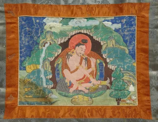 Mahasiddha Luipa, de un conjunto parcial de thangkas, principios del siglo XIX (pigmentos minerales sobre algodón encolado; montaje original en brocado)