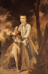Retrato de John Graham, como un niño, a cuerpo entero, con un vestido indio sosteniendo una guirnalda de flores alrededor del cuello de un galgo a su lado, en un paisaje