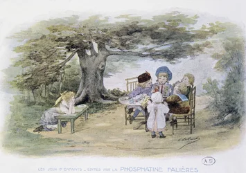 Juegos infantiles: lectura de libros - dib. de Lobrichon, ed. por Phosphatine Falières, c.1920