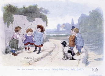 Juegos infantiles: Niñas jugando a la cuerda - dib. de Lobrichon, ed. por Phosphatine Falieres, c.1920