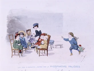 Juegos infantiles: La escuela - dibujo de Lobrichon, ed. por Phosphatine Falières, c.1920