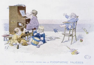Juegos infantiles: niños tocando varios instrumentos musicales - dib. de Lobrichon, ed. por Phosphatine Falières, c.1920