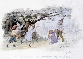 Juegos infantiles: niños jugando a la guerra, soldados - dess. de Lobrichon, ed. por Phosphatine Falières, c.1920