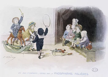 Juegos infantiles: niños con diferentes juguetes (aro, caballo de balancín, muñecas...) - dibujo de Lobrichon, ed. por Phosphatine Falieres, c.1920