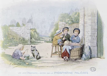 Juegos infantiles: el juego de pescar en un cubo - dib. de Lobrichon, ed. por Phosphatine Falieres, c.1920