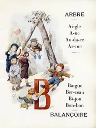 Letras A y B representando a niños jugando al columpio, finales del siglo XIX