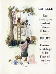 Cartas E y F representando a niños horneando naranjas, finales del siglo XIX