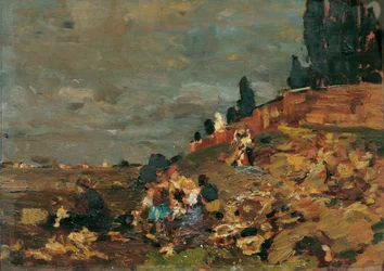 Niños en el muro del cementerio