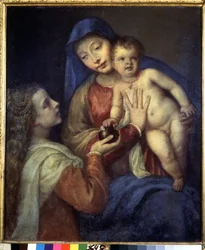 La Virgen y el Niño con María Magdalena. Pintura de Titien (Tiziano Vecellio o Vecelli o Tiziano del Cador