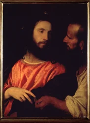 El dinero del tributo. Pedro trae una moneda recuperada de un pez que le entrega a Jesús para que pague al recaudador de impuestos a la entrada de la ciudad de Cafarnaúm (Cafarnaúm o Kefar Nahum) Pintura de T