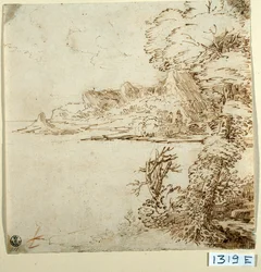 Vista de una costa montañosa (tinta sobre papel)
