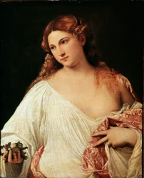 Flora. Pintura de Tiziano Vecellio, llamado El Tiziano, circa 1515. Óleo sobre lienzo. Dim. 64x80 cm. Galería Uffizi, Florencia