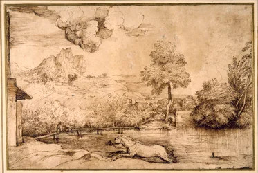 Paisaje: un caballo sin jinete perseguido por una serpiente