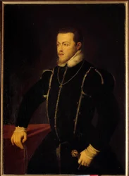 Retrato de Felipe II (1527-1598) Rey de España y Portugal. Pintura de Tiziano Vecellio, llamado el Tiziano (1485-1576). Siglo XVI