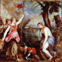 España en ayuda de la Religión: alegoría de la victoria de las tropas del Papa Pío V (incluida España) sobre la flota del Imperio Otomano en la batalla naval de Lepanto en 1571. Una mujer desnuda (religión) es salvada por un guerrero que representa a Españ