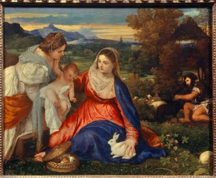La Virgen con el Niño y santa Catalina o La Virgen con el conejo. Pintura de Tiziano Vecellio, llamado Tiziano (1485-1576), siglo XVI. Al. 0,71 x 0,87 m, París